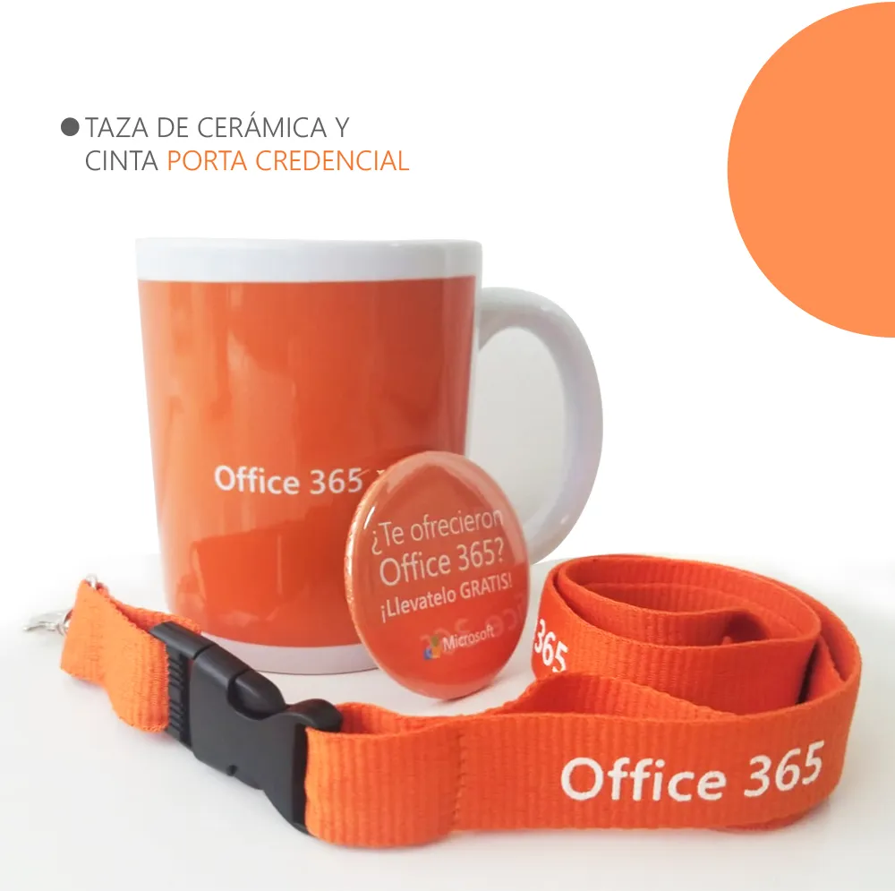 Taza cerámica, pin y cinta porta credencial personalizados para una acción corporativa.