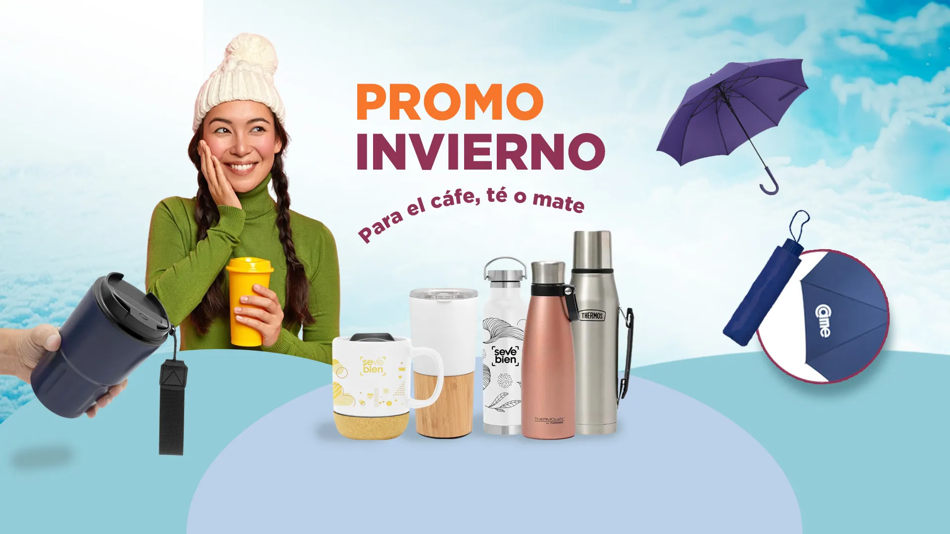 Promo invierno: vasos térmicos, termos, jarros y paraguas personalizados para café, té o mate.
