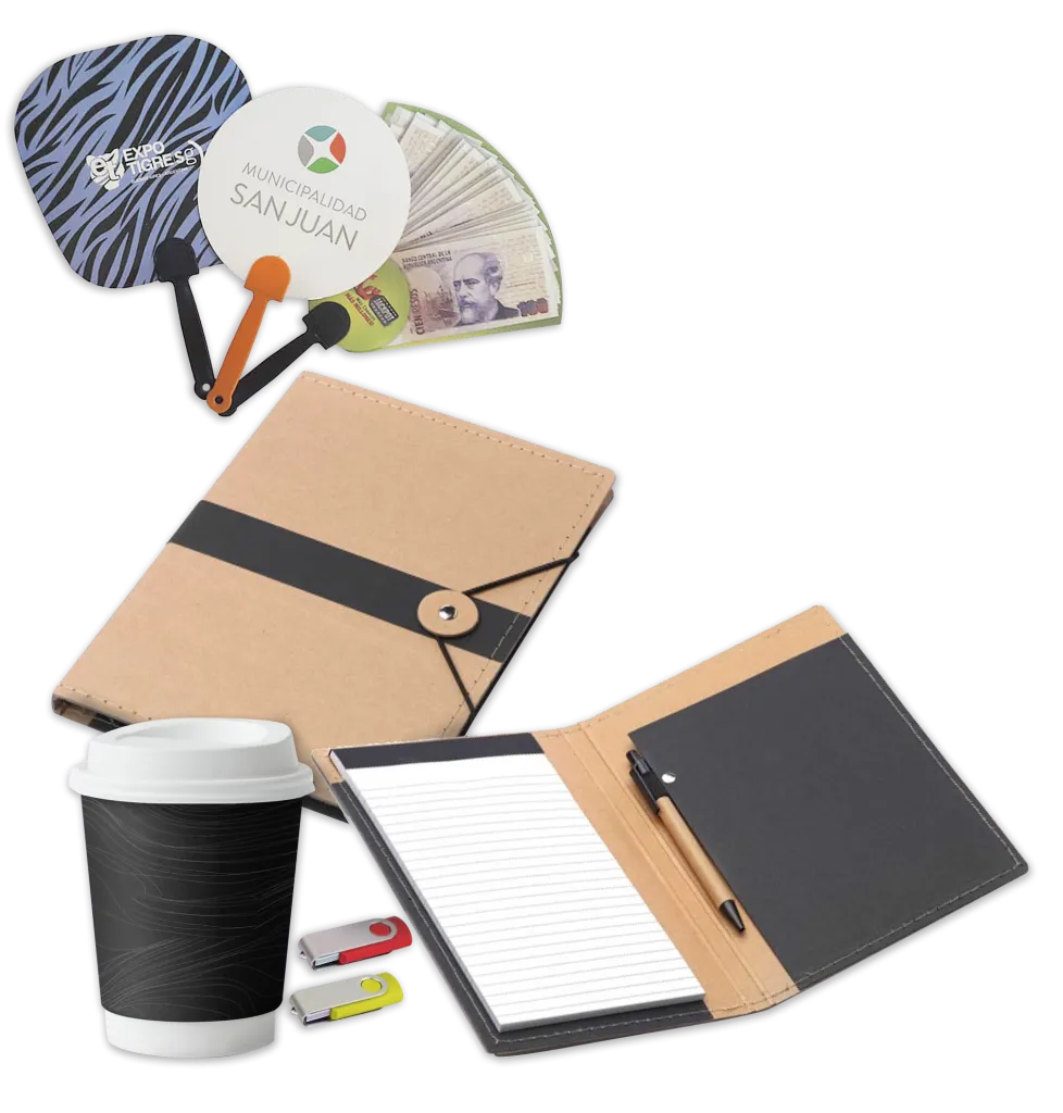 Cuadernos, abanicos, vasos y pendrives personalizados como merchandising corporativo.